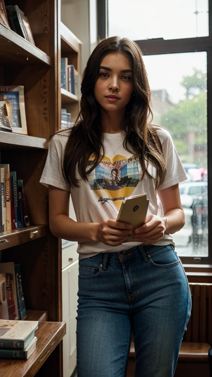 An anime-style scene inside a cozy bookstore with large glass windows. A young man, dressed in casual jeans and a t-shirt, is holding a book in his hand, but his eyes are focused on a beautiful girl nearby. She is also casually dressed in jeans and a t-shirt, standing by a shelf, thoughtfully selecting a book to read. Her gaze is fixed on the book she's holding, while the boy admires her from across the aisle. It's raining outside, with droplets sliding down the window, enhancing the romantic and cozy atmosphere inside. The colors are sharp, vibrant, and hyper-detailed, with an emphasis on the soft lighting inside the bookstore, and the contrast between the warm indoor setting and the cool, rainy exterior