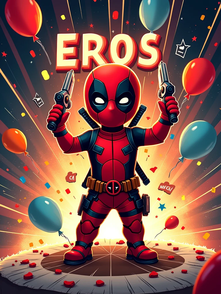 A high-quality A4-sized topper design for a 9-month milestone celebration with a Deadpool theme. The design should feature the name 'Eros' prominently and the number '9' to signify the months. Deadpool should be the main character in the design, with his iconic red and black suit, playful expressions, and weapons. The background should have comic-style elements, with bold colors like red, black, and white. The overall style should be fun, vibrant, and suitable for a baby’s 9-month milestone. Include details like balloons, stars, or confetti to make it celebratory, png in a cake 10x10.