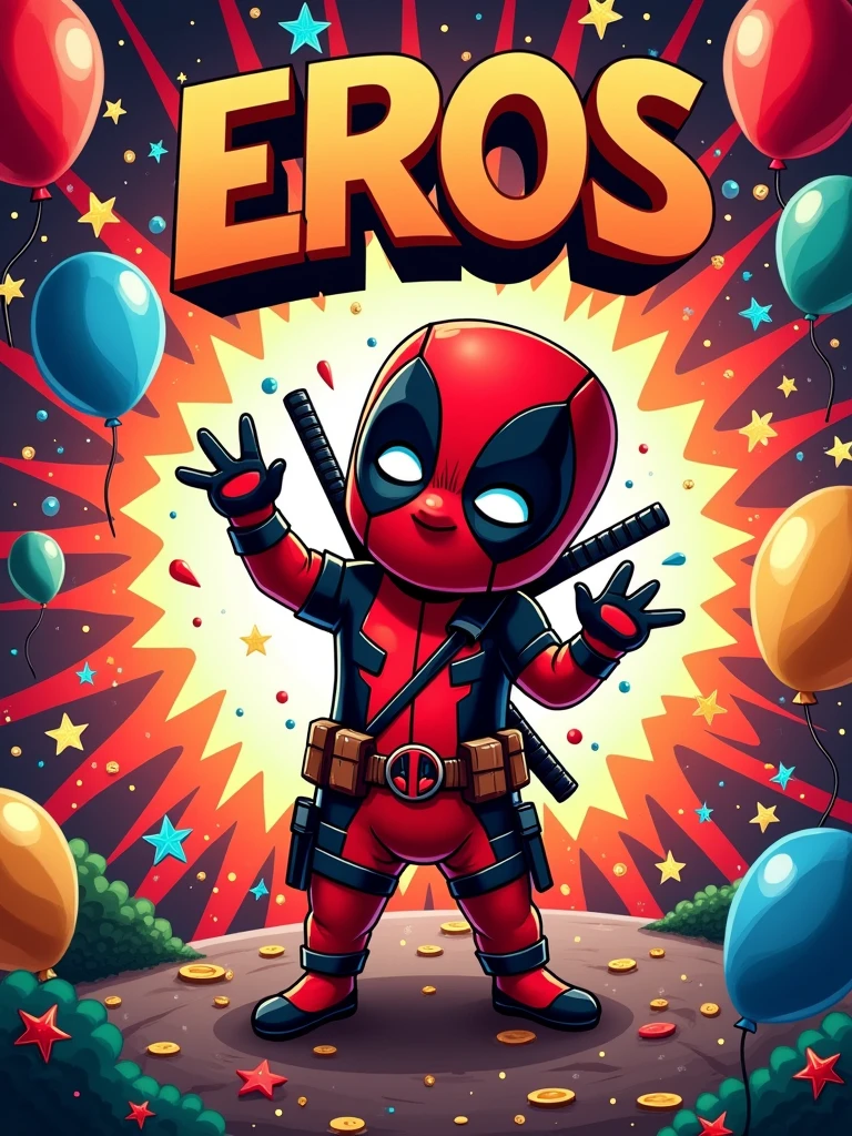 A high-quality A4-sized topper design for a 9-month milestone celebration with a Deadpool theme. The design should feature the name 'Eros' prominently and the number '9' to signify the months. Deadpool should be the main character in the design, with his iconic red and black suit, playful expressions, and weapons. The background should have comic-style elements, with bold colors like red, black, and white. The overall style should be fun, vibrant, and suitable for a baby’s 9-month milestone. Include details like balloons, stars, or confetti to make it celebratory, png in a cake 10x10.