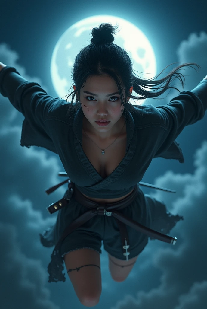 Highest quality, Realistic, Very detailed, finely, High resolution, 8k、Ninja、Tie your hair、Moonlight、fly in the sky、Double teeth、A face with dimples、Beautiful clavicle、Beautiful inner thighs、Delicate eyes、Facing forward、looking at the camera、Shuriken in the inner thigh、Torn clothes、Belly piercing