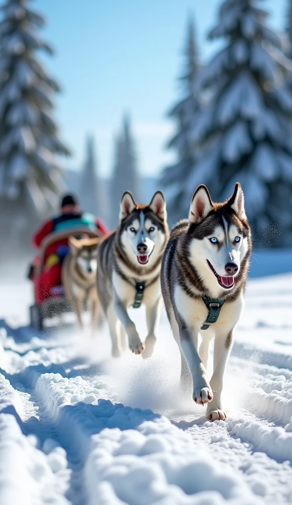 visual: Husky dogs pulling a sled in a snowy landscape.