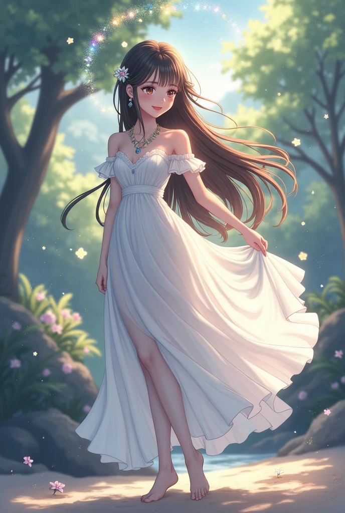 (masterpiece、Highest quality、8k、High resolution)、One female、(Beautiful Face、Beautiful Face)、Beautiful eyes、Beautiful lips、Beautiful nose、Brown-black hair、(The best girl in anime)、Sandy beach with a view of the forest、A bright night with stars visible、full moon、milky way、体whole bodyから神秘的な光の粒子、Colorful light particles、A mysterious light glowing around the head、melt、jewelry、necklace、dress、(whole body)、Highly detailed anime art、A complete portrayal、