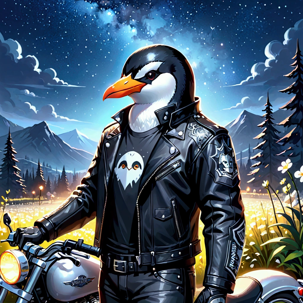 Closeup, an extremely badass anthropomorphic penguin wearing an insanely cool black leather Harley Davidson biker jacket open, video gamer shirt, black leather biker gloves, black leather biker pants in a beautiful Moonlit Starry Nighttime Nature setting, flora and fauna, perfect landscape, award-winning work.