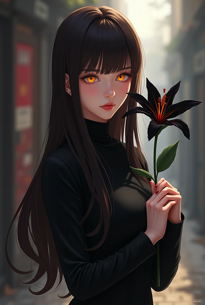 anime style, adult woman, with the right eye red and the left eye yellow, narrow eyes, long hair and straight dark brown bangs, black elegant clothes.
She has an elegant pose and is holding a black lily flower..
Whole body.