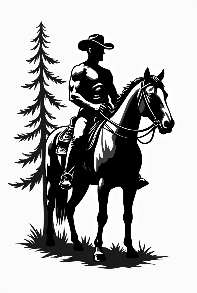 Logo of a man riding a horse in front of a farm to put on t-shirts, make it in 2d and without a background with a tree