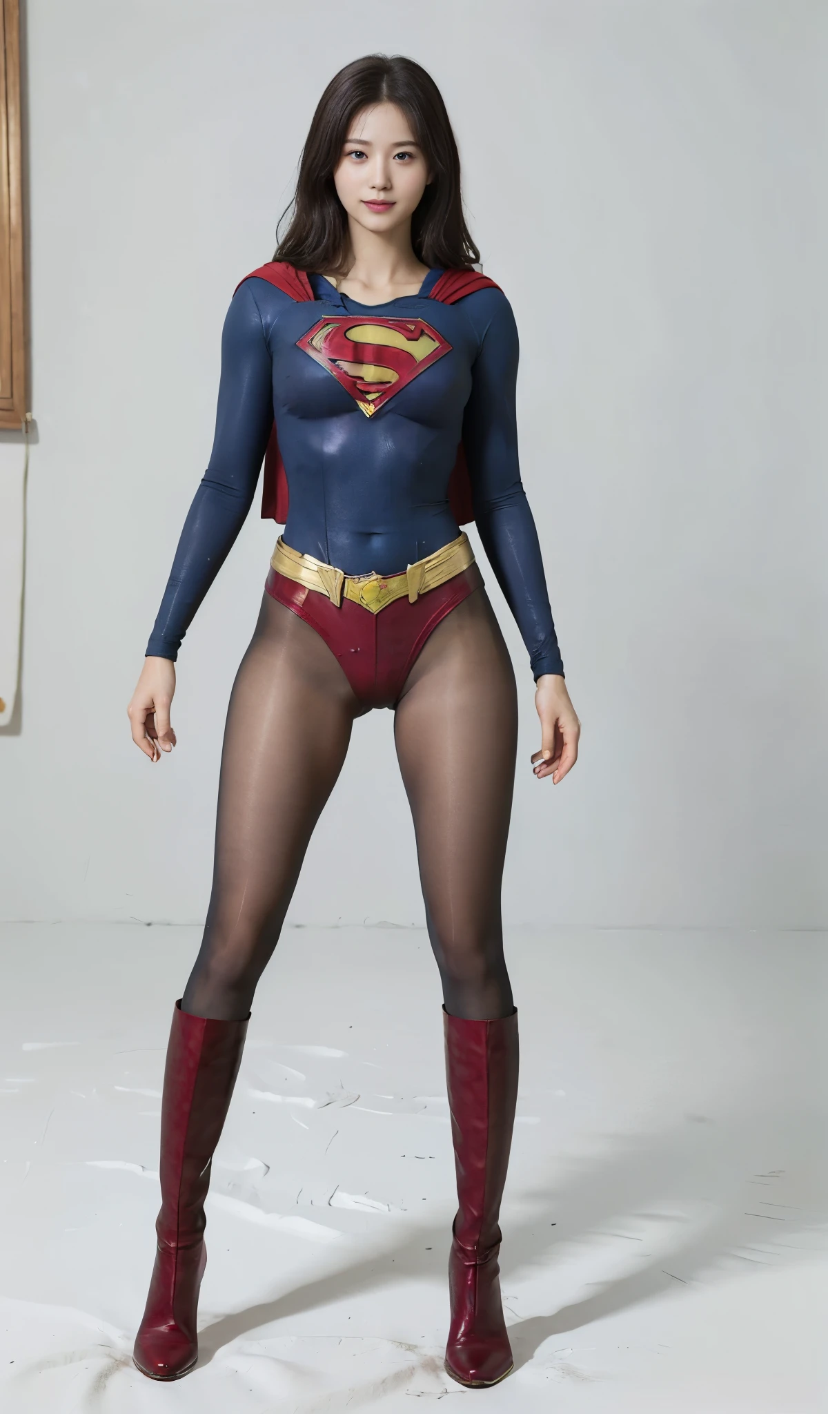 No background、(((Beautiful legs in black tights.)))、(((Legally express the beauty of your smile)))、((((Make the most of your original images)))、(((Supergirl Costume)))、(((Beautiful Hair)))、(((suffering)))、(((Please wear black tights....、Wear red boots)))、((Best image quality、8k))、((Highest quality、8k、masterpiece:1.3))、(((Preserve background )))、Sharp focus:1.2、Beautiful woman with perfect figure:1.4、Slim Abs:1.2、Wet body:1.5、Highly detailed face and skin texture、8k