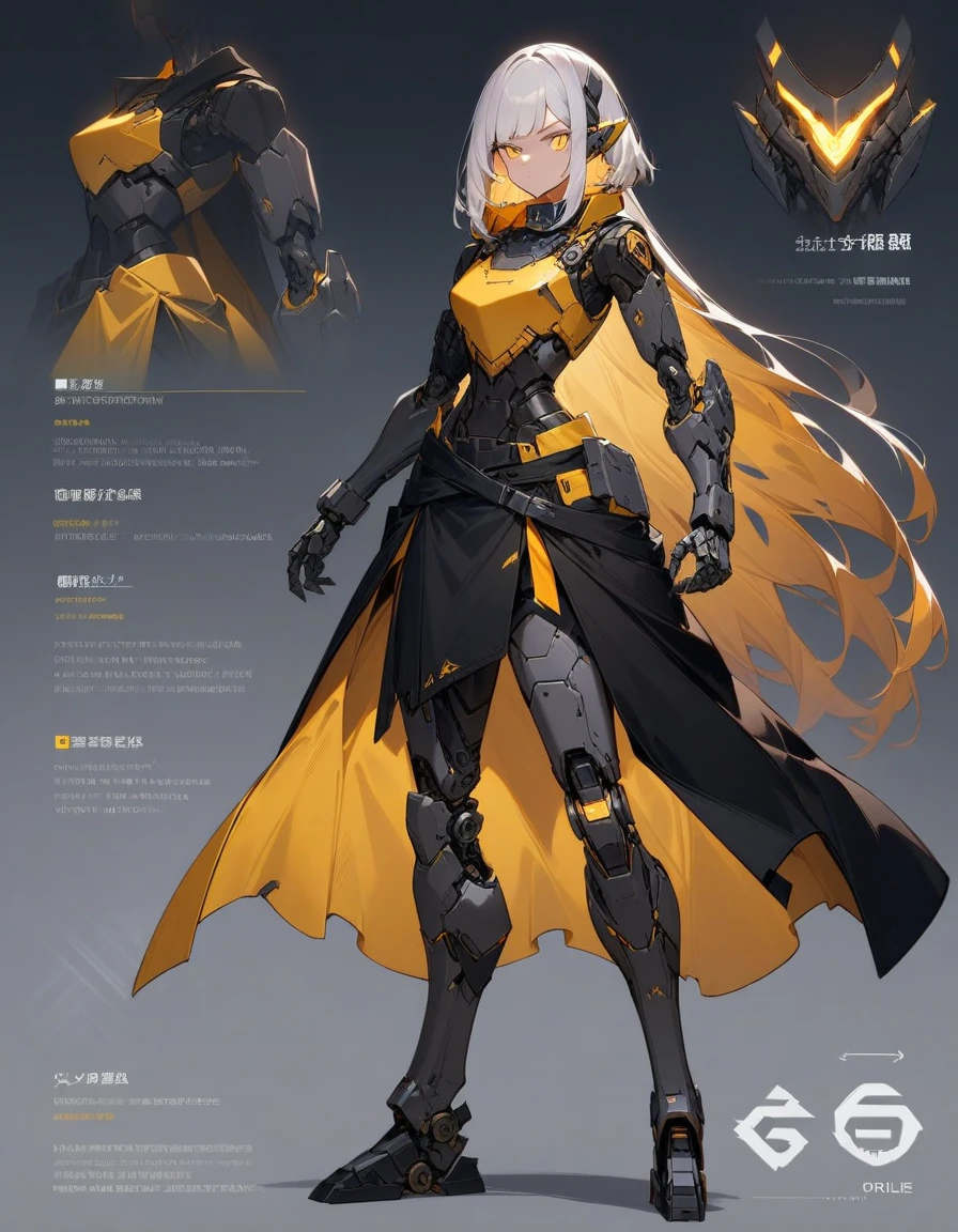 character profile, concept art, robotic, android girl, solo focus, warrior stance, mechanical limbs, full body, gritty sci fi, cybernetic arms, asymmetrical arms, cybernetic ears, angular breastplate, ballistic breastplate golden eyes, black clothing, yellow armor highlights, ballistic collar, waist cape, waist cloak. serious, bangs, long side bangs, medium length bob cut, white hair, golden inner hair, asymmetrical hair, glowing eyes, determined, masterpiece, super detail, accurate, anatomically correct