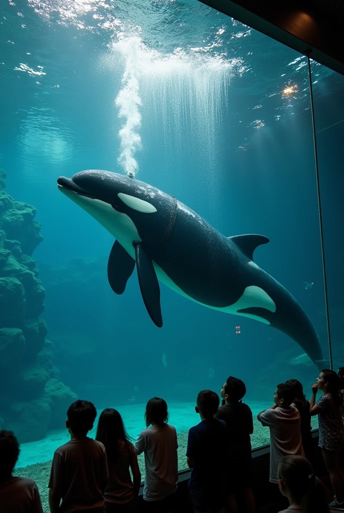 killer whale having water rope around his neck and stucked in fish aquarium 