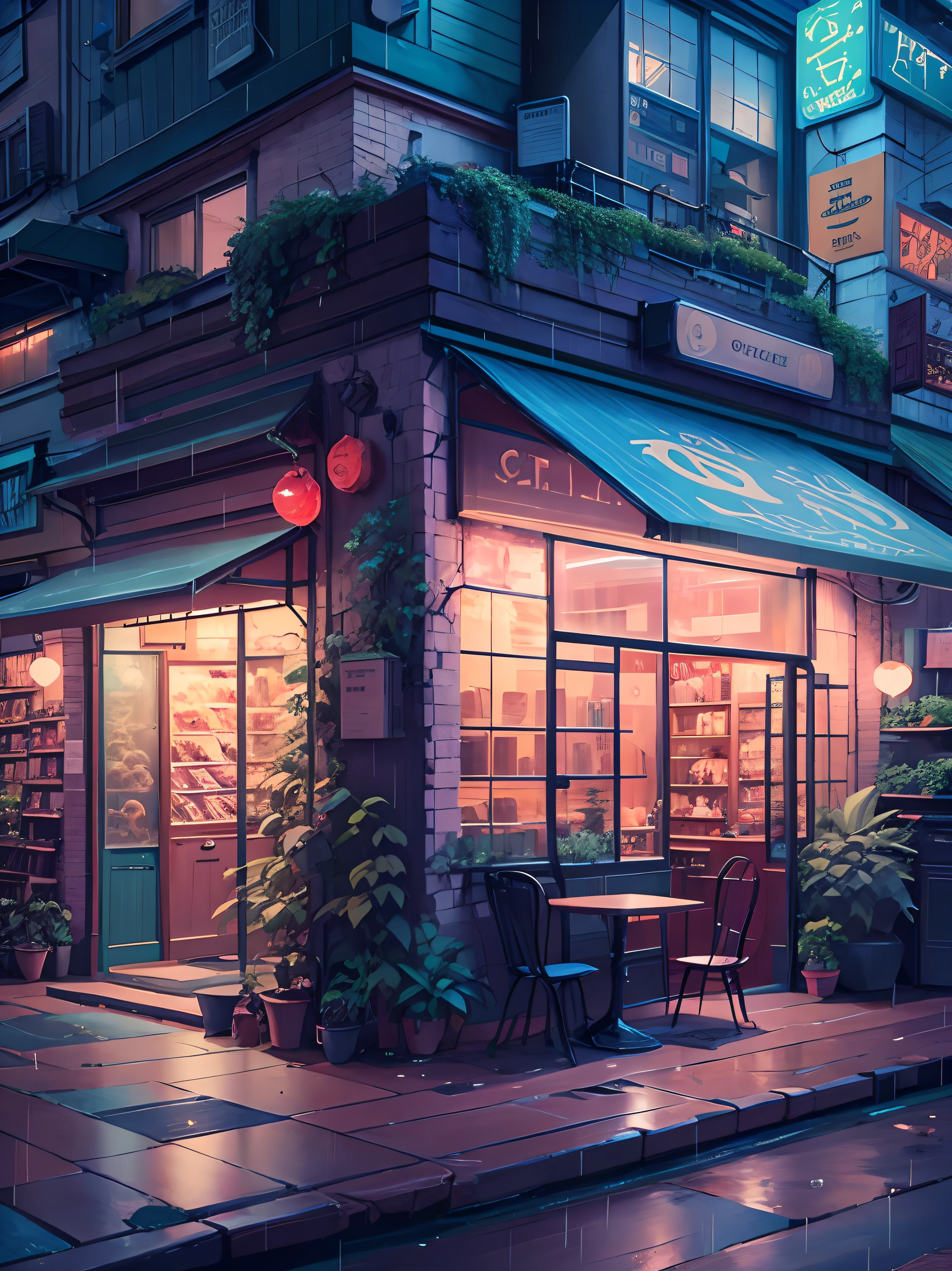 Anime cafe with plants and lights on a rainy night, cozy cafe background, pleasant and cozy atmosphere, coffee shop, cozy atmosphere, stylized urban fantasy art, cafe, anime background art, urban concept art, shop rich in details, Andreas Rocha style, inspired by Andreas Rocha's style, inspired by Andreas Rocha's style, inspired by Andreas Rocha's style, inspired by Andreas Rocha's style, inspired by Andreas Rocha's style, inspired by Andreas Rocha's style, inspired by Andreas Rocha's style Andreas Rocha's style, inspired by Andreas Rocha's style, Andreas Rocha's style inspired by Andreas Rocha's style, Andreas Rocha's style, inspired by Andreas Rocha's style