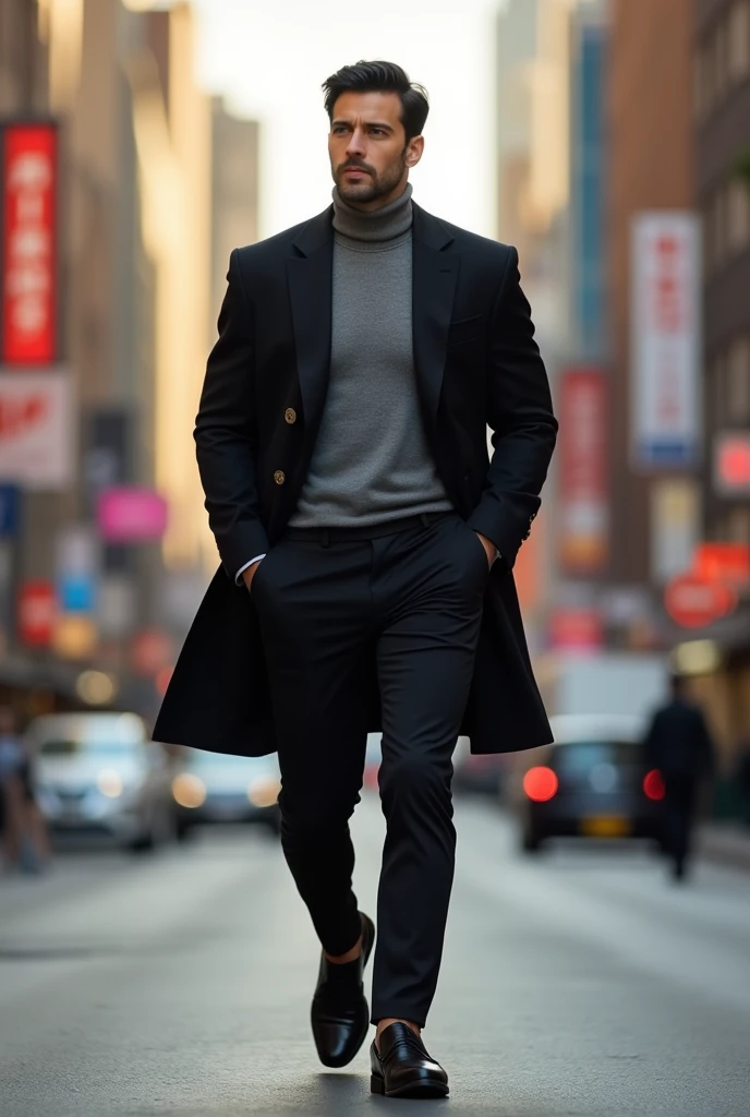 фото full length идущего по городу мужчины, Medium height, 35 years, black hair, Sports figure, broad shoulders, a neat stylish hairstyle, wide cheekbones, grey turtleneck coat, black dress pants, Black Blazer, black leather derby shoes, стильный Black Blazer, walking through the city, looks ahead, Stylish look, thoughtful look, full length, free pose, dynamic pose, solar lighting, daylight, black hair, blunt bangs, Serious, expressionless, atmospheric perspective, bokeh, f/1.8, 85mm, Nikon, depth of field, uhd, masterpiece, accurate, anatomically correct, textured skin, super detail, high details, high quality, highres, 4K