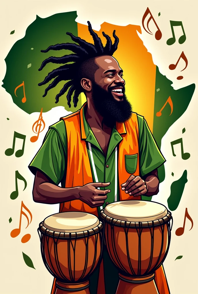 Peux tu me faire une affiche avec un homme africain pour des cours de percussion, j aimerai que fe soit en mode dessin animé avec la carte d afrique. Rajoute des tam-tam. Change la barbe et les cheveux de l homme pour les couleurs utilise celle de la côte d ivoire orange, blanc et vert