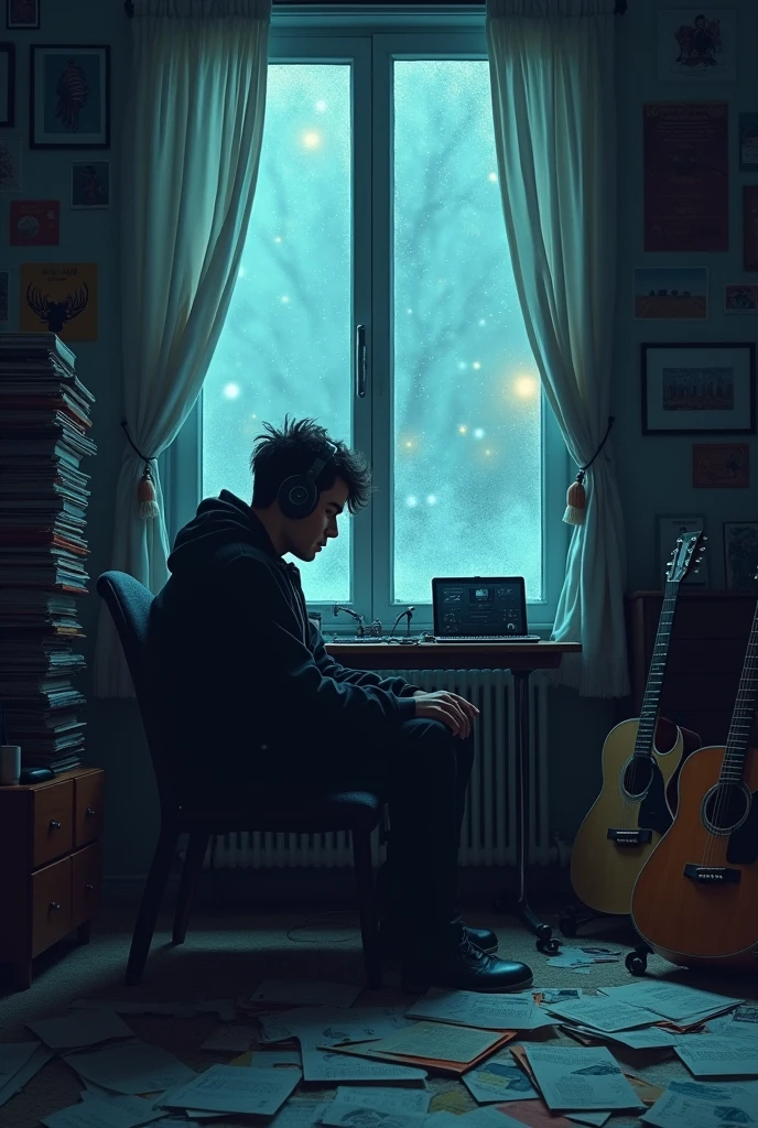 Man listening to music with headphones on, Incredibly detailed portrait, Vintage Wave, cyberpunk, Sad mood, light shining through the window, nighttime scene, One bedroom, 2d, Shot from a distance, wide shot, Noise in the film, Old comics, Lots of records, vinyl record store, masterpiece, Very high quality, official art, beautiful and aesthetic, very detailed, fractal art, Electric and acoustic guitars, Musical score, Lo-fi hip-hop, side view, Old animation texture, alone, speaker, cyberpunk, vinyl, night, It snows outside in winter., Stare at a laptop with music production software