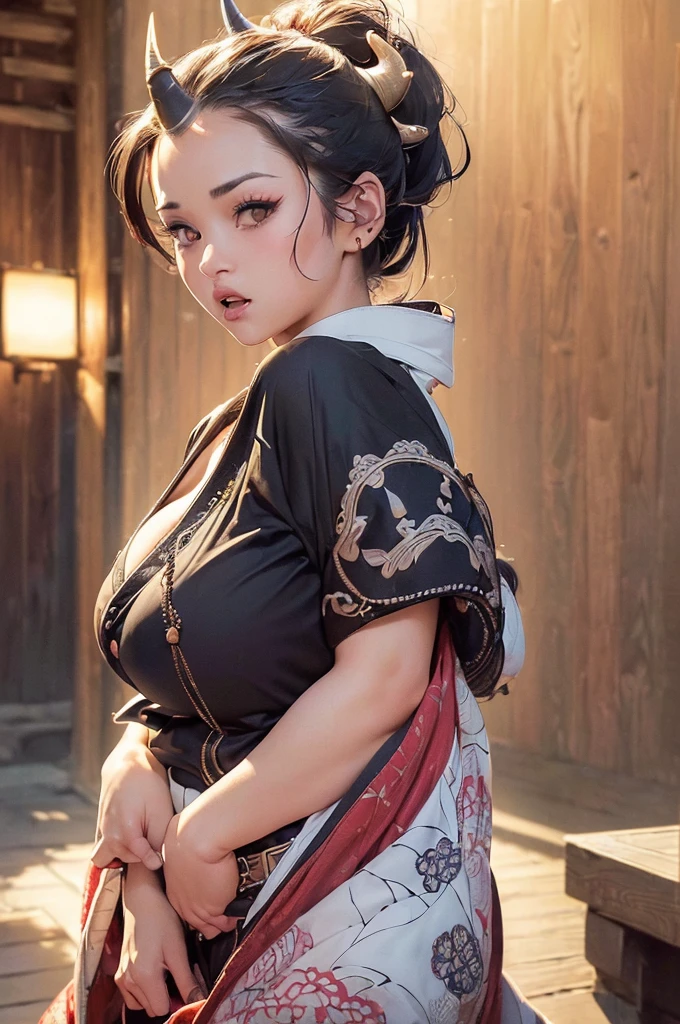 ((((High resolution, Intricate details, masterpiece, 8k, from front)))), (((beautiful, horn, kimono))), ((One Woman, Angry, Glaring)), (Black Hair, Beautiful forehead, Long Hair, ponytail, Cleavage, Large Breasts, Huge Saggy Tits, belly button, Chubby, Glowing Skin), from front, looking at viewer, look at viewer, shrine,