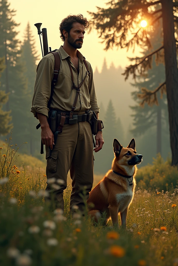 In 1920 after the war, Homme 25 ans baroudeur proche de la nature 
Carabine en bandoulière.  A dog next to him