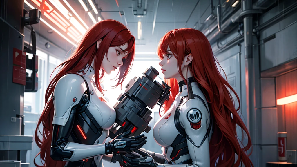 cyborg lady, wavy red hair, white mechanical suit, wired, mechanical human parts, heavy rain, beautiful anamorphic lights, cinematic light, masterpiece, 8k.