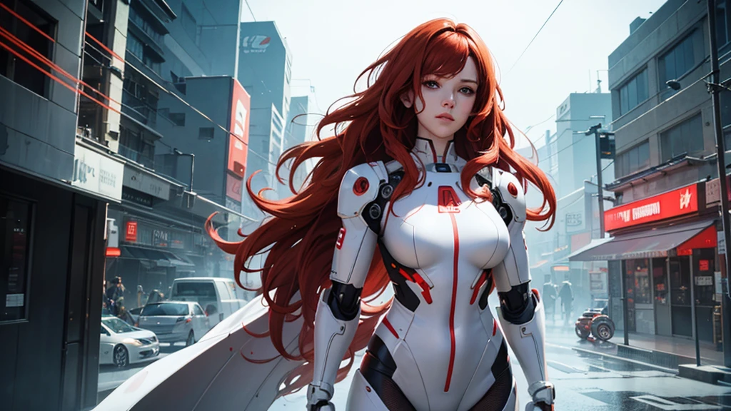  cyborg lady, wavy red hair, white mechanical suit, wired, mechanical human parts, heavy rain, beautiful anamorphic lights, cinematic light, masterpiece, 8k.