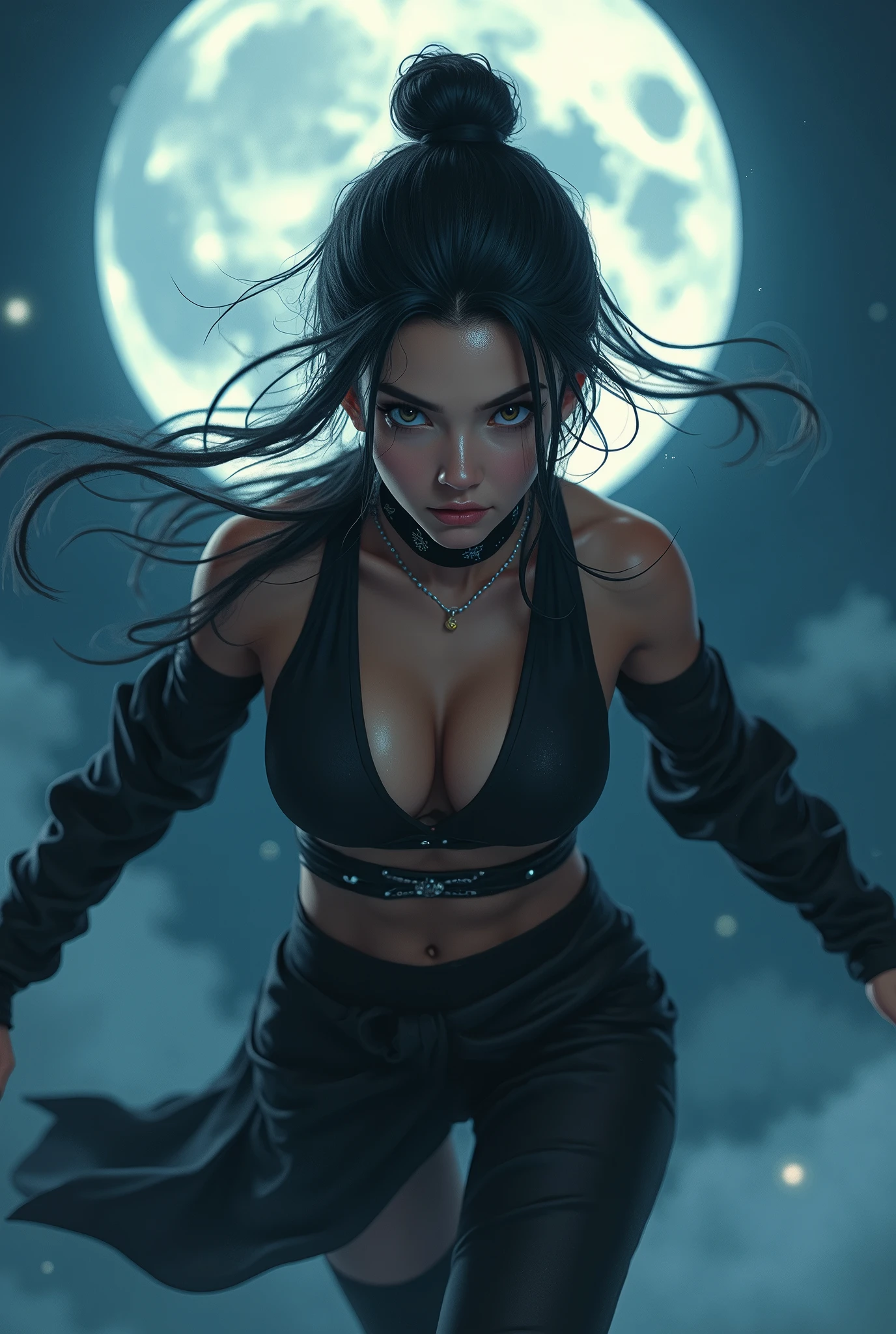 Highest quality, Realistic, Very detailed, finely, High resolution, 8k、Ninja、Tie your hair、Moonlight、fly in the sky、Double teeth、A face with dimples、Beautiful clavicle、Beautiful inner thighs、Delicate eyes、Facing forward、looking at the camera、Shuriken in the inner thigh、Torn clothes、Belly piercing