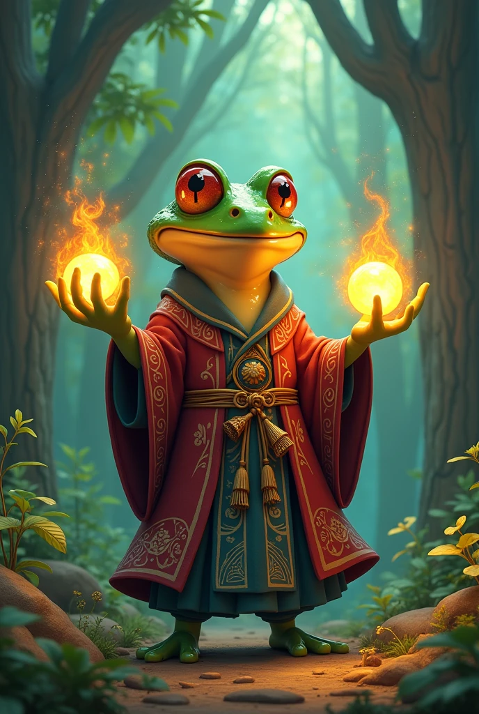 Rob Gonsalves/world of warcraft/Cuphead art style, vectorial, scribbles. Anthropomorphic drawing of a frog mage man, wearing ancient clothing the mage wears. Juggling with magical spheres. A forest in the background, simplistic design, RTX, hyper HD, cellshading, 32K, Ray tracing, The is well defined, Cartoon, Realistic, Drawing, Unreal Engine 5, rendering by octane, Shaders 3D,theelementoffire,Unleash the fireball,balls of fire ,Immortal feeling.