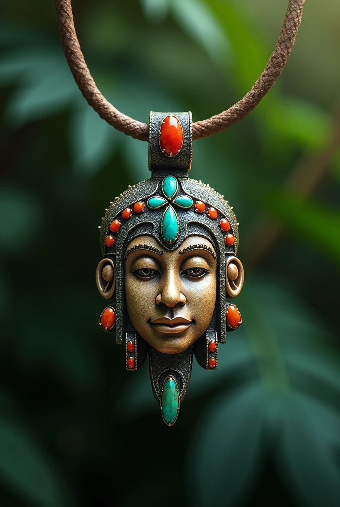 make the image of a stylized Olmec face for a necklace with precious stones, without losing the essence of the Olmec Head, ultra detailed, real