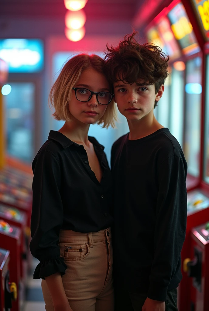 Imagem dark fantasy, girl short dark blonde hair, with glasses, black blouse, beige pants, blue eye, hugging a dark brown haired boy, whisker, in a black long sleeve shirt, in an arcade.