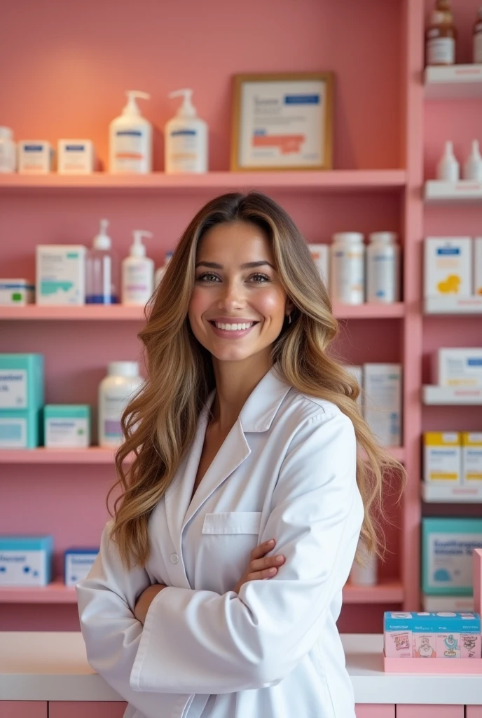 Beautiful Woman Pharmacist with long light brown curved hair, standing in the drugstore name is Pinky.