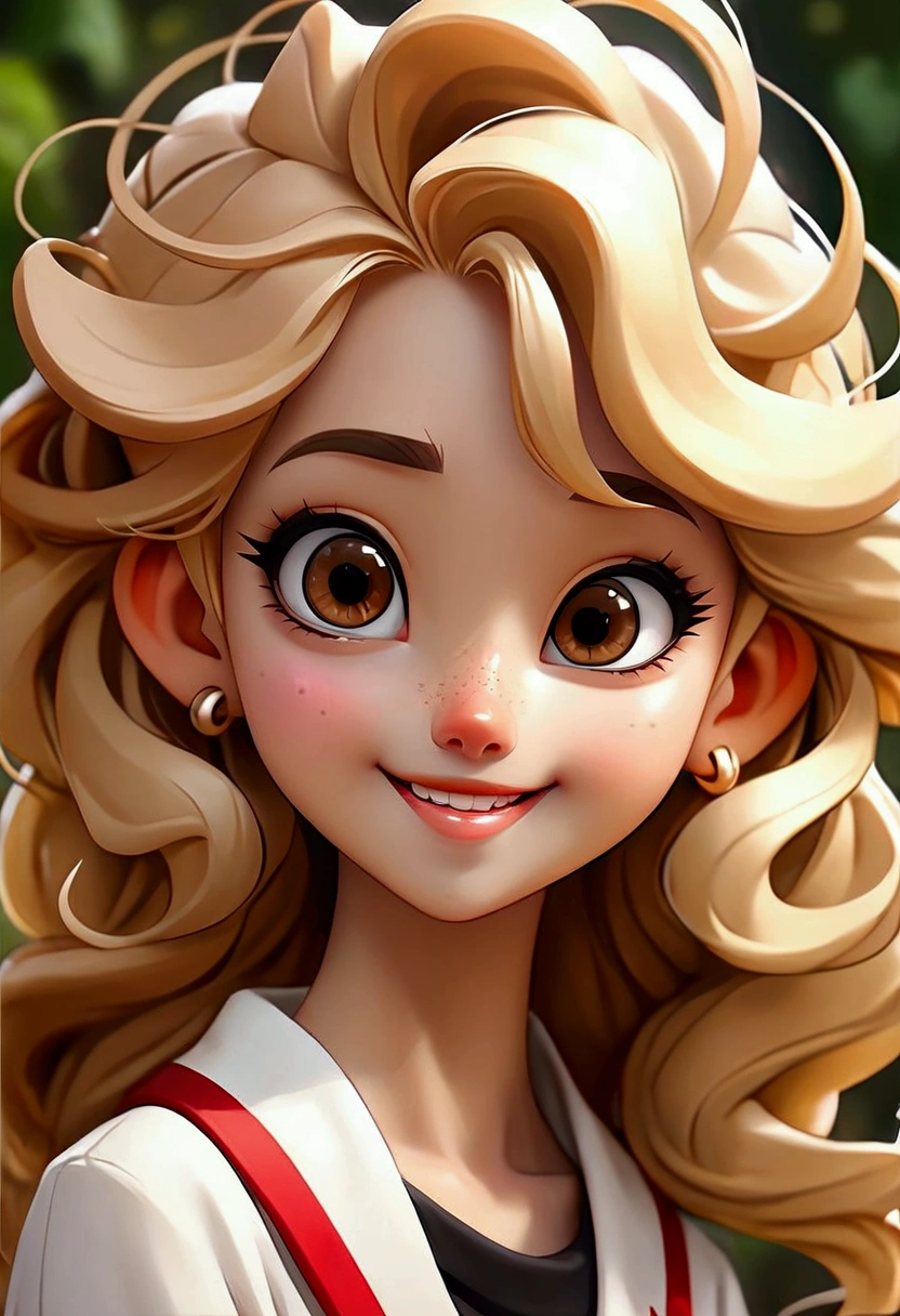 Cartoon close-up、Pop surrealism、Photorealistic painting、Detailed anime soft face、cute漫画のキャラクター、cute漫画スタイル、cute漫画、cute!long、Blonde permed hair、What a lovely smile