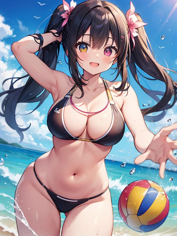 (Masterpiece, top quality, super high quality, super high detail, beautiful hair, beautiful eyes, perfect face),
Summer, beach, sun, blue sky, crowded beach, short twintails hair, black hair, very baby face, droopy eyes, heterochromia, pink eye, orange eye, very huge breasts, 145cm tall girl playing beach volleyball with her upper body naked, tits fully exposed, tits Bloons, girl is playing beach volleyball with a smile on her face, unaware that her boobs are showing,