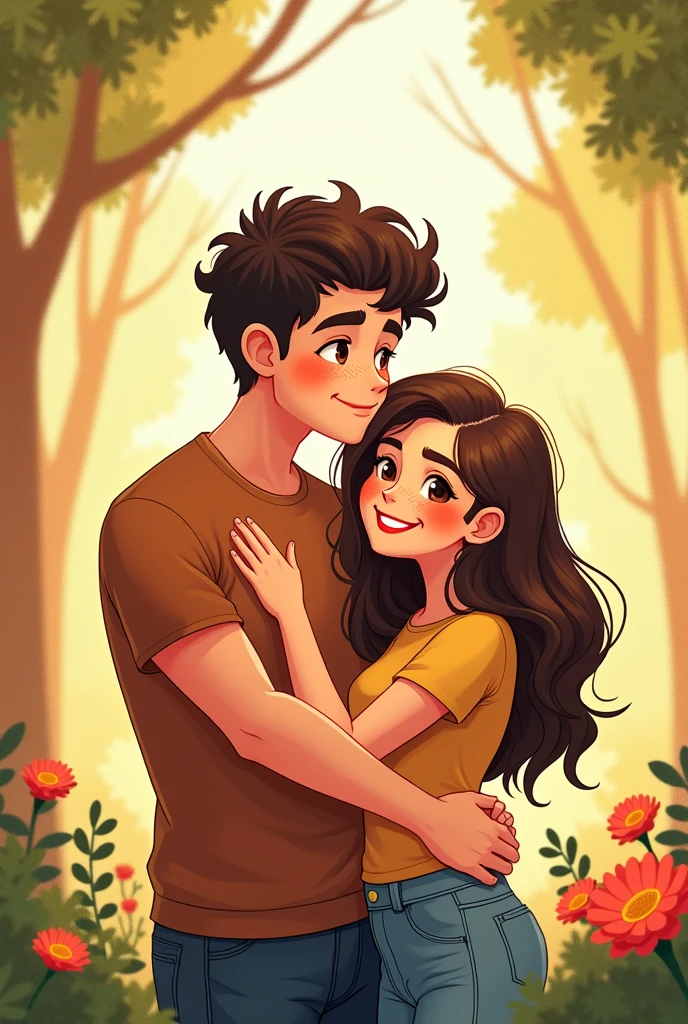 Illustrated couple, Tall Man, short curly hair, Brown eyes, splattered nose, beautiful smile, broad back with tall woman, straight brown hair, Brown eyes, splattered nose, Beautiful smile, body with waist