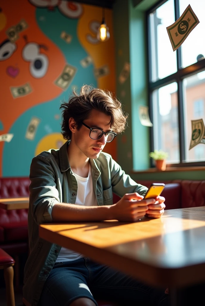 Image of a young man using a smartphone, with Instagram open and with money icons around)