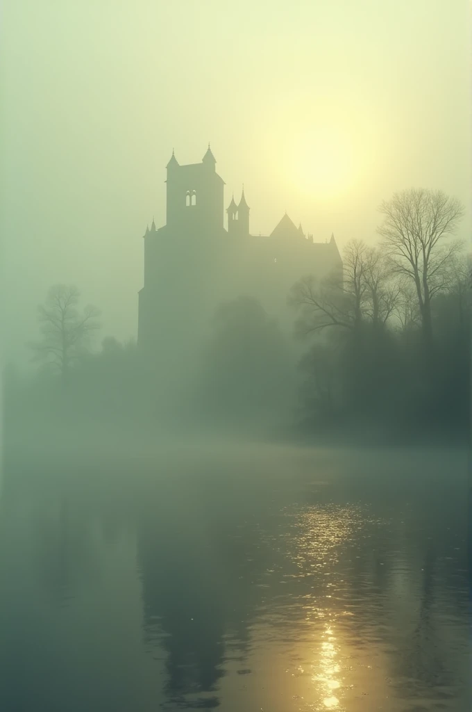 The film opens with a fog-covered lake at dawn, with the silhouette of an old, abandoned castle barely visible in the distance. The scene is dark and ominous, setting a mysterious and eerie tone.
