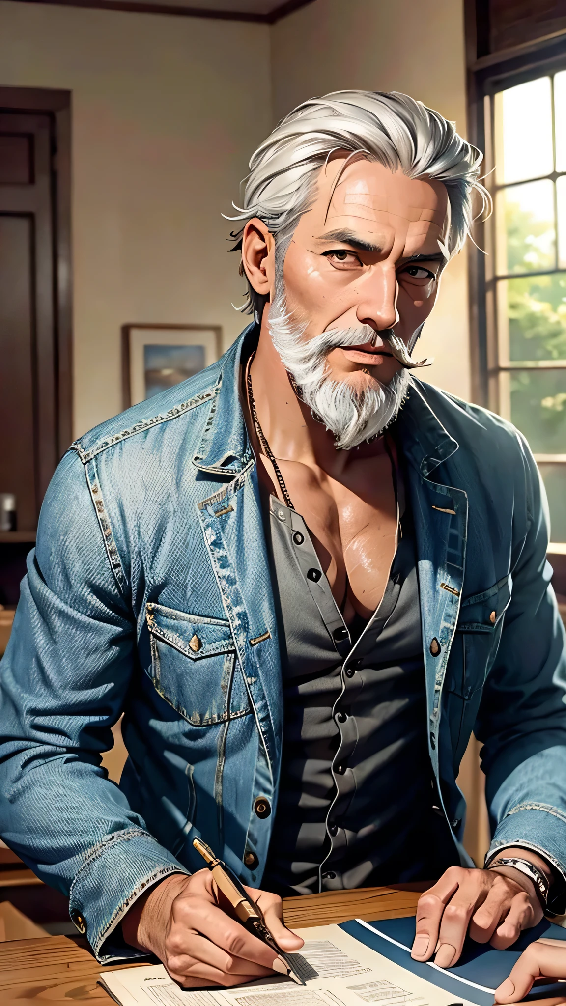 最high quality、Best image quality、masterpiece、male((40 years old、Slender、Lazy beard、With an assault rifle、White shirt、Red eyes、all back、Gray Hair、Chew a cigar、Black rider jacket、Blue denim trousers、Black rucksack、Beard、Show the whole body)）high quality、Beautiful art、background((grassland、Strong winds、hut)),Tabletop、Exquisite design、Visual Arts、Written boundary depth、Best lighting、Highest detail、8ｋ