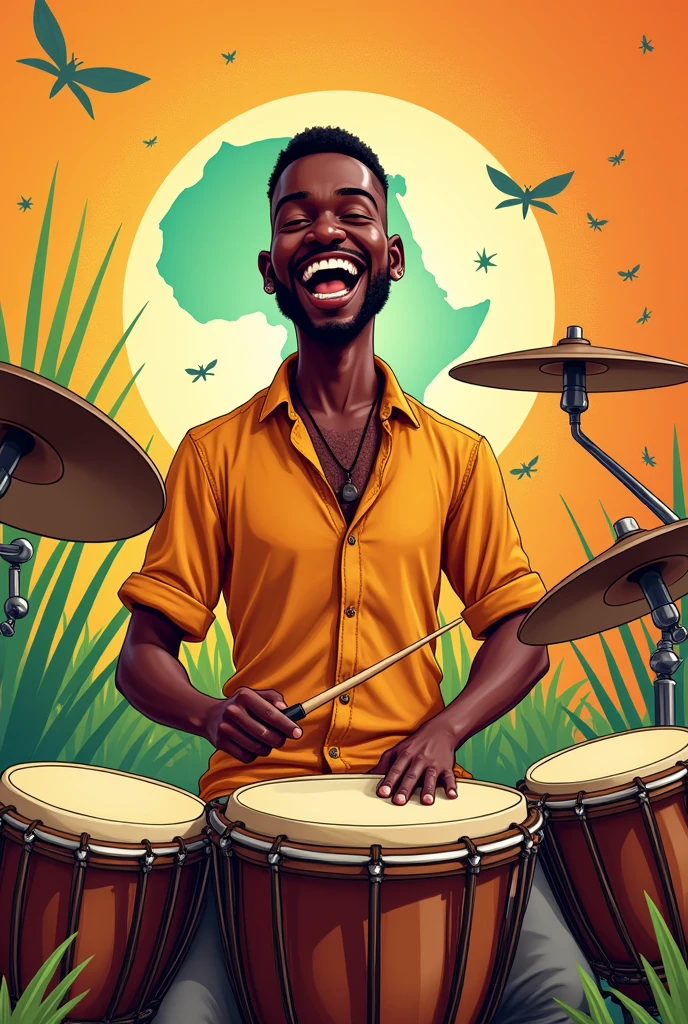 Peux tu me faire une affiche avec un homme africain pour des cours de percussion, j aimerai que fe soit en mode dessin animé avec la carte d afrique. Rajoute des tam-tam. Pas de barbe et les cheveux de l homme court pour les couleurs utilise celle de la côte d ivoire orange, blanc et vert