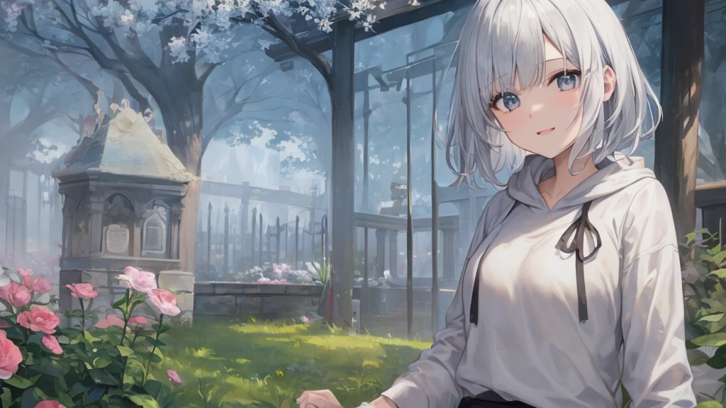 Open your mouth、Flower Field、Her eyes were shining、Mysterious and enchanting atmosphere。With AI Painting、とてもshort hair, Long bangs between the eyes, Very detailed,(masterpiece、Highest quality)、alone、Gray Hair、Fantasy, Silver Hair, Fantasyな風景、smile、Open your mouth、short hair、short hair、hairpin、black eye、Grey Eyes、Beautiful Eyes、Black Shirt、White hoodie