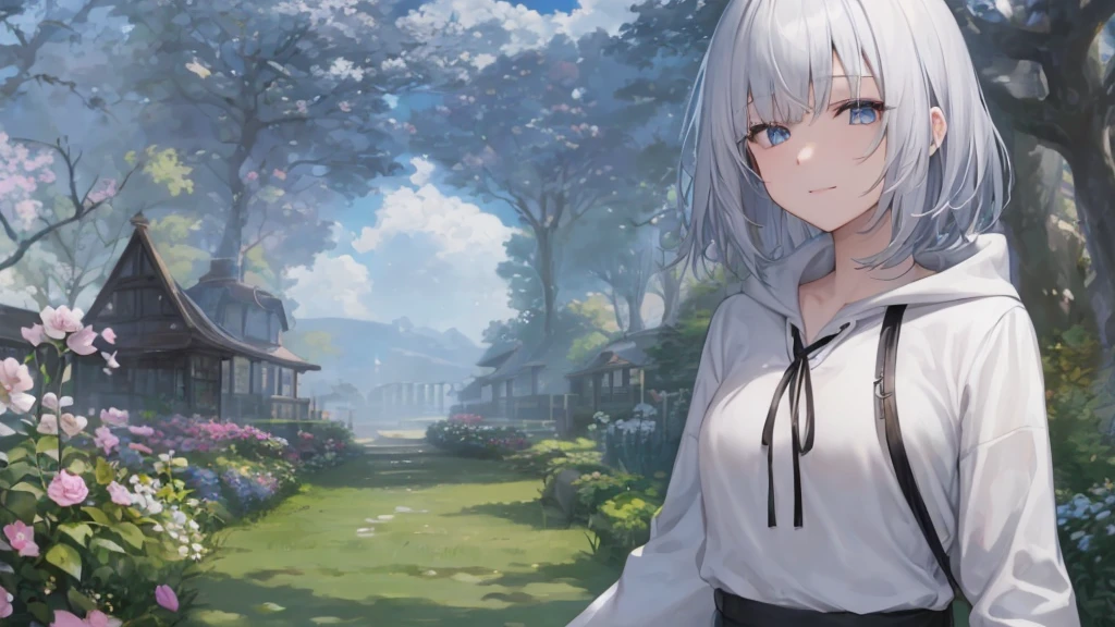 Open your mouth、Flower Field、Her eyes were shining、Mysterious and enchanting atmosphere。With AI Painting、とてもshort hair, Long bangs between the eyes, Very detailed,(masterpiece、Highest quality)、alone、Gray Hair、Fantasy, Silver Hair, Fantasyな風景、smile、Open your mouth、short hair、short hair、hairpin、black eye、Grey Eyes、Beautiful Eyes、Black Shirt、White hoodie