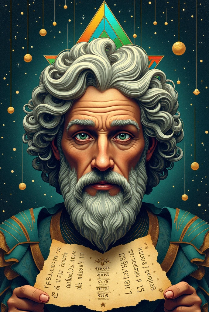 with many right triangles, Create an illustration of the face of the mathematician Pythagoras
