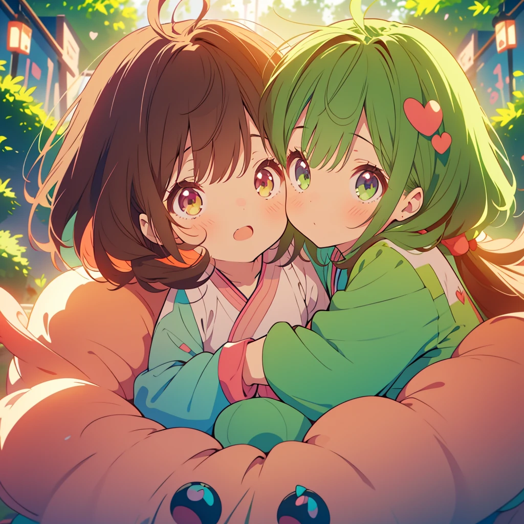 Two twin boys and girls have brown hair and dark green eyes