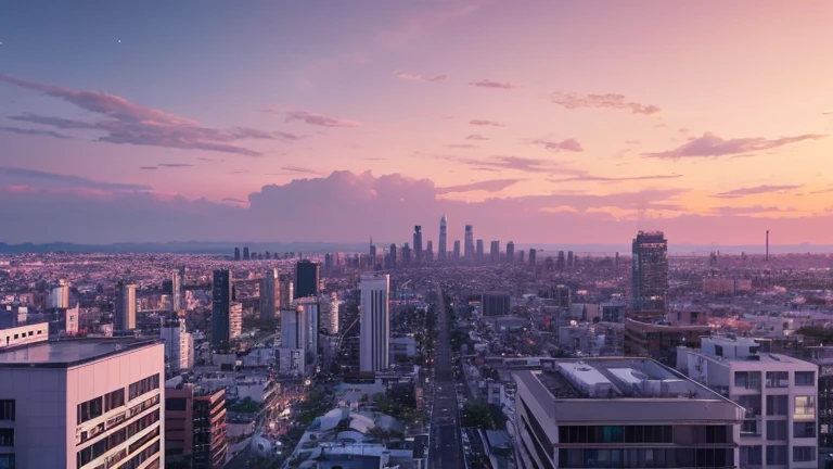 City of night, Silver and pale pink sky, A cluster of buildings can be seen in the distance, An illustration, lo-fiAn illustration, An illustration,