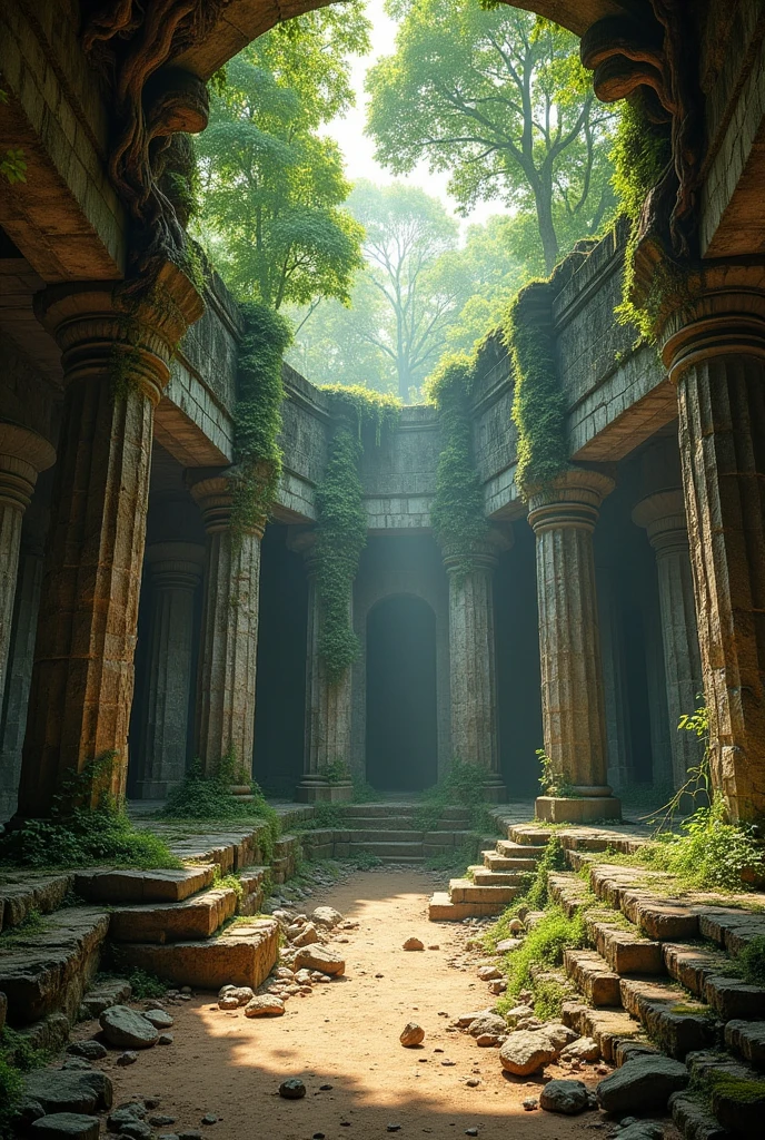 Interior shot of a ruined and crumbling temple of ancient design, somewhere in the jungle.  Tree roots penetrate the ruin and gaps in the fallen structure let in some daylight.