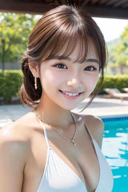 Beautiful Young Woman of the Year、 Korean women、Light brown hair、Necklace around the neck、Woman in swimsuit、、smile, Beautiful teeth alignment、Intricate details, Very detailed:1.2), 、 Looking into the camera,background is indoor pool、ear piercing
