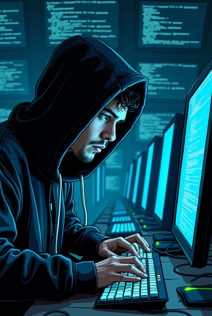 Hand drawn a having fun hacking a computer with the usual hacker background face covered leds in the keyboard (blue) leds in the computer (green) forward shot and a written with hacker style writing BitchHatmyyy