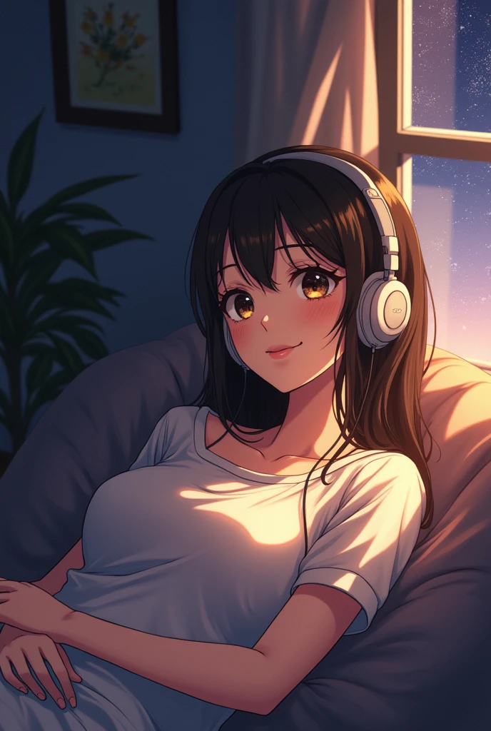 A girl with long brown hair relaxing on a sofa listening to music with headphones in a room at dusk。profile。Cute cat nearby。It's dusk outside。Japanese anime style