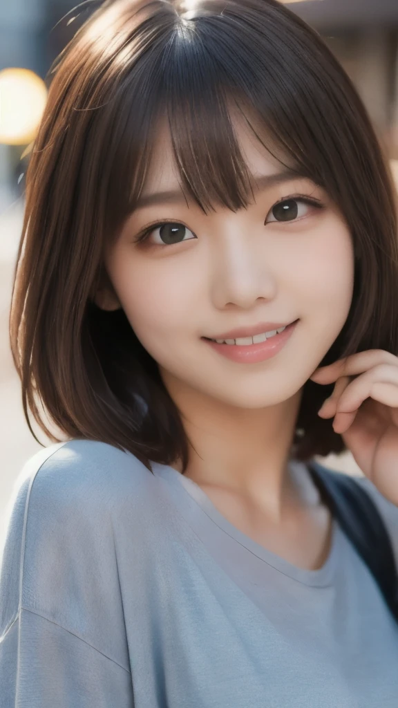 8k,Highest quality,(masterpiece:1.2),(Realistic),(Realistic:1.37),Ultra-high resolution,1 female college student,city,smile,Beautiful Eyes,(((casual, Trendy clothes))),Big Breasts,Perfect body,Perfect Fingers,Professional Lighting,gravure,Detailed face and skin texture,fine grain,RAW Photos