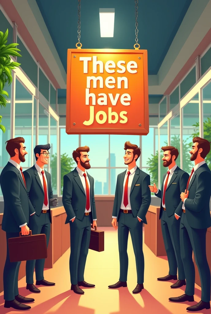 First Floor Sign: The first floor has a sign reading "These men have jobs," with a variety of well-dressed men in office attire looking professional and approachable, 3D cartoon image