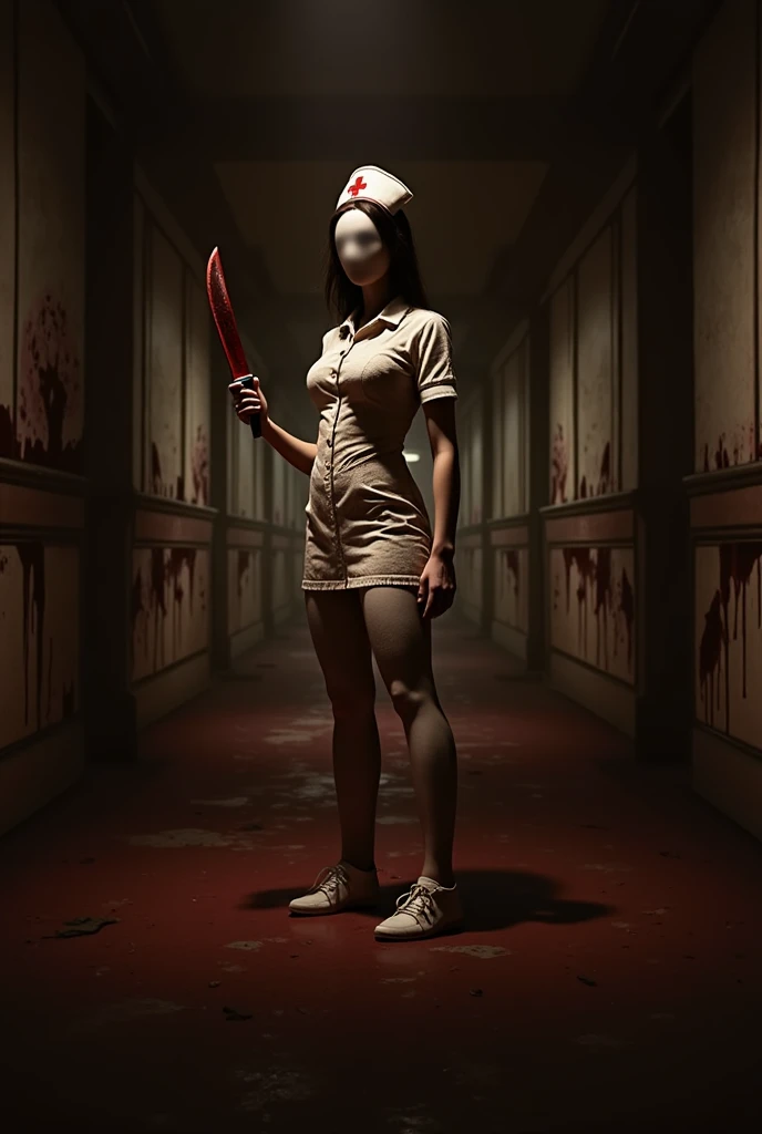 Silent Hill Nurse, 1girl, hat, big round nude breasts, nude vagina, faceless female, weapon, blood, mask, knife, faceless, nurse cap, holding knife, nurse, no eyes, horror, (( full nude tonned body))