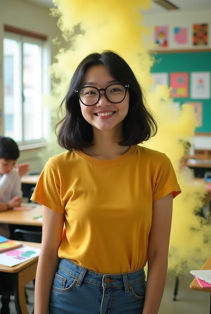wearing glasses,Asian woman,middle school,big ass,fart,yellow smoke,smiling face,