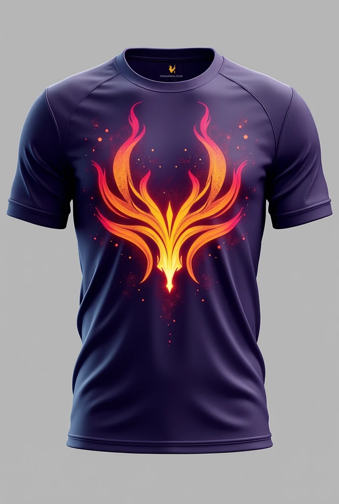 This logo design would be bold, memorable, and deeply connected to the "Heimfire" theme, making it a strong representation for your team. Make a jersey and short. In front, make a unique logo of Heimfire, just don't change the name. In the back of the jersey, the surname is Heramis and the number is 04 The color of the flame is dark violet, little touch of orange, dark pink, and sky blue. Make it beautiful.