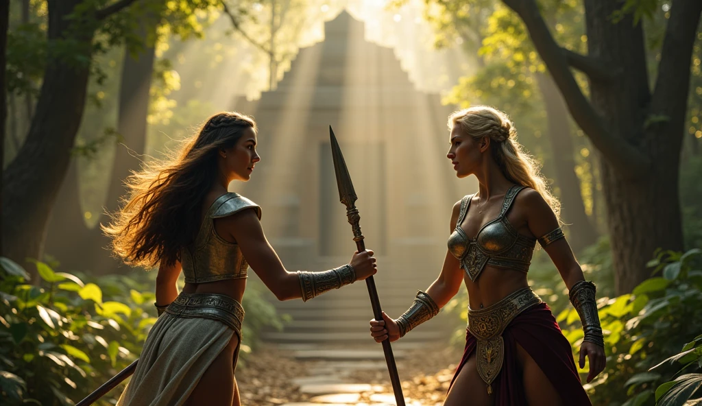 two amazons ready to fight each other, amazon 1 (brunette, light armor, spear) amazon 2 (blonde, a long braid, light armor, two handed staff) forest background and ancient temple, battle stance. (masterpiece) (best quality) (detailed) (8k) (HDR) (wallpaper) (cinematic lighting) (sharp focus) (intricate)(very detailed hands), upper body