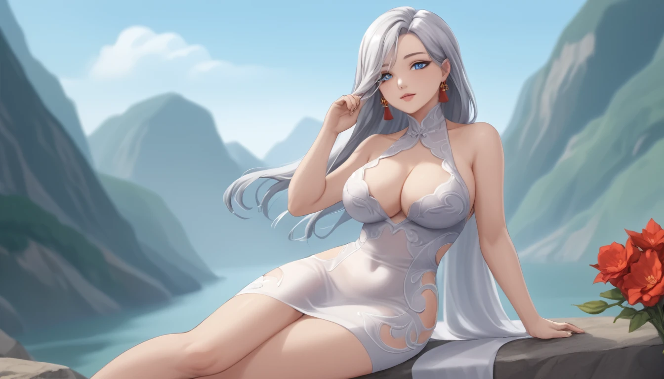 high quality,HD,16K,Sharp Line,1 Girl,fantasy, (Fire Spirits),Pretty Face, Large Breasts, Beautiful legs,In the mountains,Focus Girl,detailed Pretty Face,Detailed clothes,beautiful eyes,Cool,Sexy,Dynamic Angle,穿着华服的神明Strike a pose拍照, Ancient mysterious sexy goddess, Traditional beauty woman, Beautiful female warrior god of war , Beautiful sexy goddess, Gorgeous role-playing, high, Beautiful young girl, Beautiful woman, 华丽Beautiful woman, Complex clothing,Chinese Mystical Aesthetics, Beautiful Asian ancient mysterious girl, Extremely detailed shot of the goddess, Jaw-dropping sexy beauty, Big breasts deep neckline sexy belly button(butt), (bedroom), (Sexy Girls), masterpiece, best quality, Bangs, blush, Chest, clavicle, Eyebrows visible through hair, (Ombre gold hair), Jewelry, Long hair,Bright Eyes, ring, (solitary), illustration, fashionable, miss, Strike a pose, background, element, confident, Express, Accessories, majestic, striking, key point, Dynamic poses, ((plump)), (black))Woman in transparent dress,Viewer,(((Full breasts, Keeley University))),Slim waist,(Navel exposed,Bare waist), Long hair, extreme detailed details, 详细的fantasy艺术, Stunning character art, Beautiful and exquisite character art, Beautiful transparent dress, Very detailed, Large Breasts,Chest,Golden ratio figure,Beautiful figure,Ultra wide-angle shooting,Full body shot拍摄,Body close-up,Full body shot,Wearing a pleated tulle skirt,柔和动漫illustration, 柔和的深色background,Fujifilm XT3 Clear focus, f 5.6, High Detail, Clear focus,(Wearing openwork clothing),, (Natural light), (Tempting)translucent, Good velvet quality, Compared, Divine Light,, Silver hair, 天空background, Absolute Strength,Female Shinmei,穿着性感丝绸的Female Shinmei,,Large Breasts,Chest,Golden ratio figure,Beautiful figure,Ultra wide-angle shooting,Full body shot,Body close-up,Full body shot, Wearing a tulle dress, Model shooting style, Large Breasts,饱满Chest,Golden ratio figure,Beautiful figure,(Extremely detailed CG 8k wallpaper unit), The most beautiful artistic photos in the world, , 8K 超HD, ) on the beach,Sexy lazy posture,Sexy seductive expression,best quality,masterpiece,Ultra-high resolution,(Practical:1.4),original photo,Ultra-high resolution