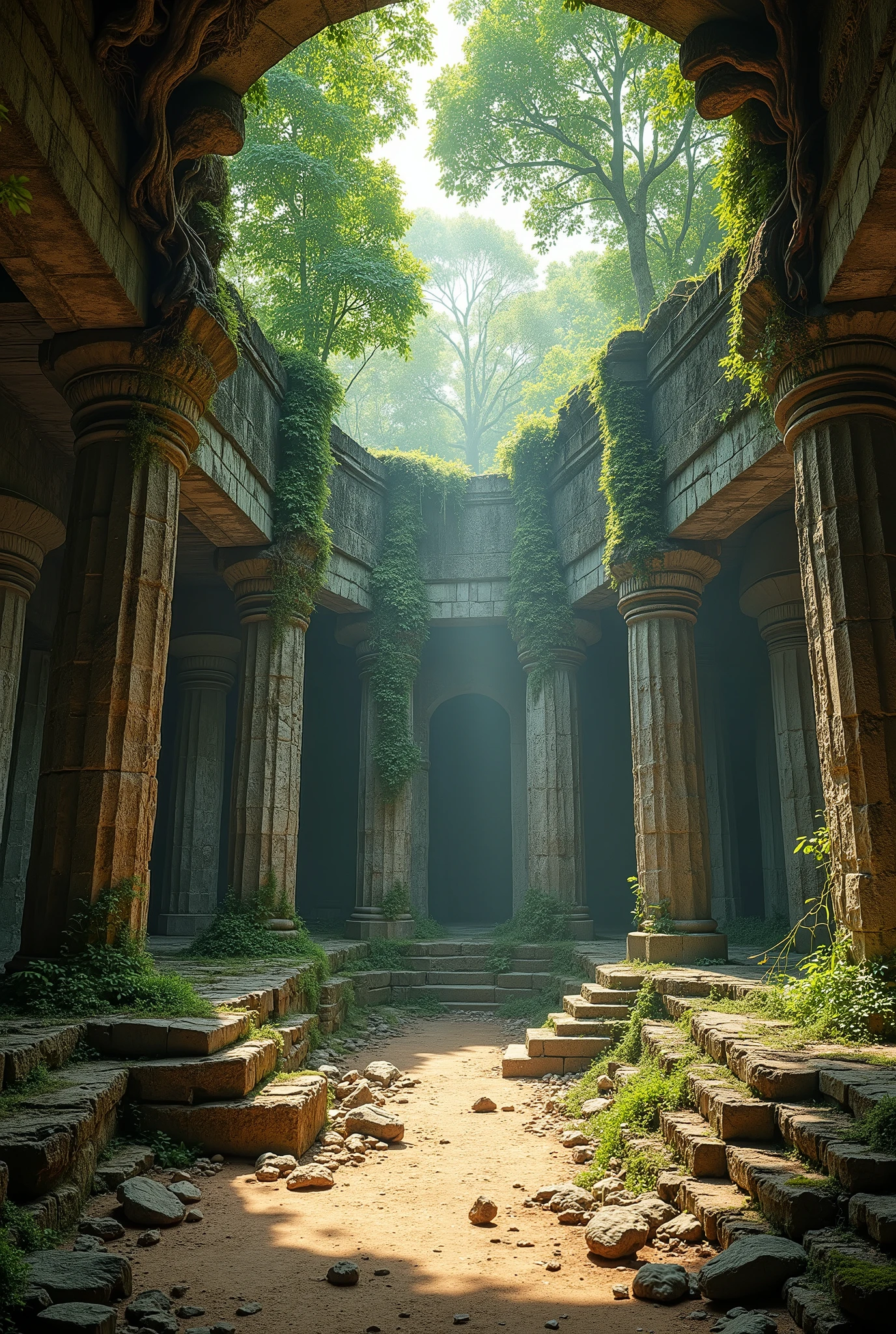 Interior shot of a ruined and crumbling temple of ancient design, somewhere in the jungle. Tree roots penetrate the ruin and gaps in the fallen structure let in some daylight.