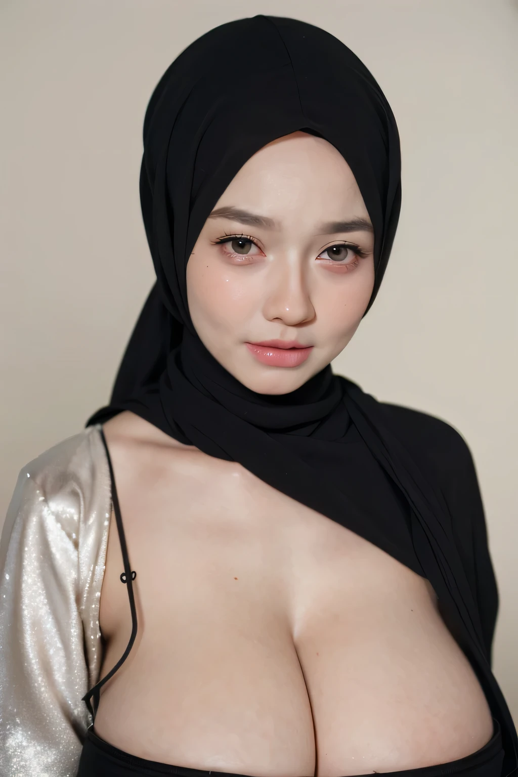 ((((HALF BODY  PORTRAIT)))), Naked, Very cute like a , ((Stylish Hijab)), adorable, 1 girl, 10 years ce, shy, half  portrait,smile,  (face details: 1), (eye details: 1), ((round large breasts, cleavage)). Cute posed. proportional body. Ultra High Res. (realistic: 1.9), UHD, ((SAD FACE EXPRESSION :1.4))